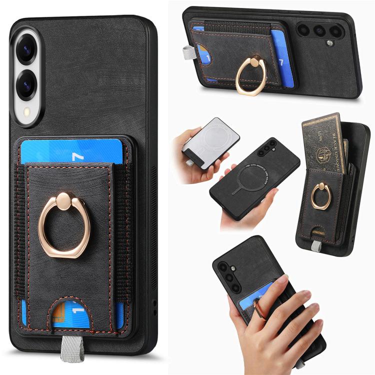 

For Samsung Galaxy S25 Edge 5G Retro Splitable Magnetic Card Bag Leather Phone Case(Black)