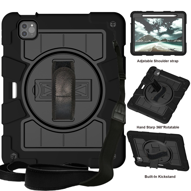 

For iPad Air 2020 / 2022 10.9 Silicone Hybrid PC Shockproof Tablet Case with Shoulder Strap(Black)