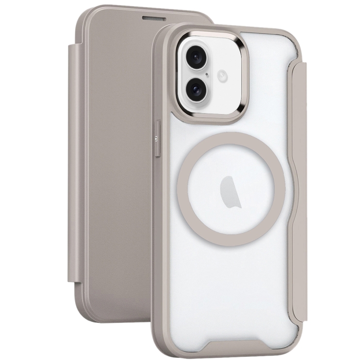

For iPhone 16 Plus RFID Blocking Adsorption Flip MagSafe Leather Phone Case(Khaki)