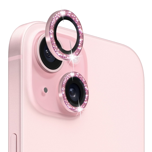 Voor iPhone 15/15 Plus NORTHJO Camera Lens Protector Gehard Glas Bling Glitter Metalen Ring Film (Roze)