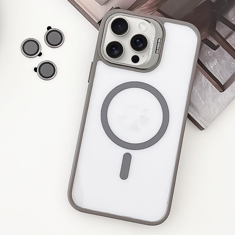 

For iPhone 15 Pro MagSafe Acrylic Hybrid TPU Holder Phone Case with Lens film(Grey)