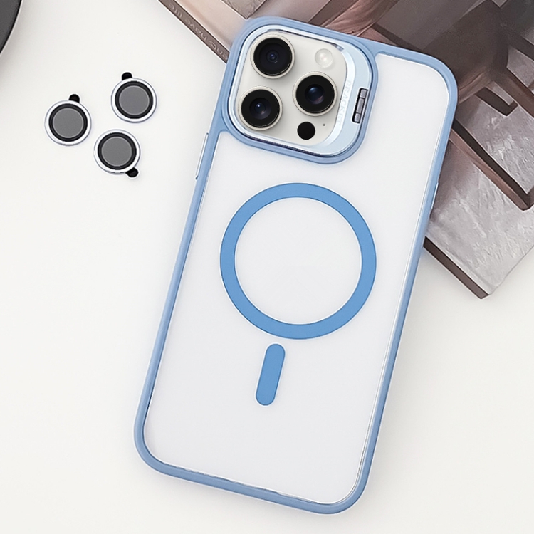 

For iPhone 15 Pro MagSafe Acrylic Hybrid TPU Holder Phone Case with Lens film(Light Blue)