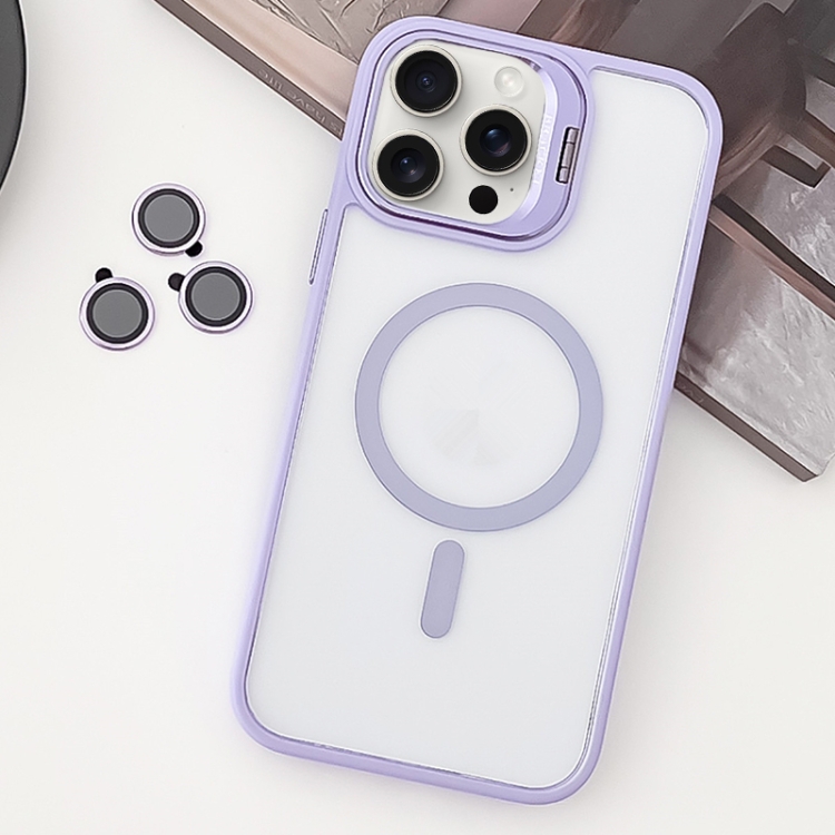 

For iPhone 15 Pro MagSafe Acrylic Hybrid TPU Holder Phone Case with Lens film(Light Purple)