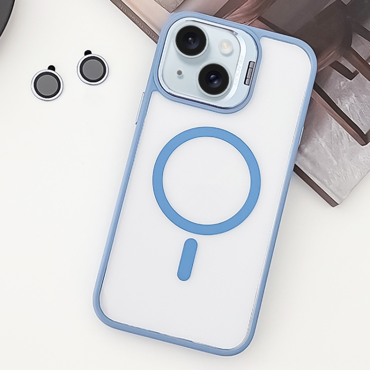 

For iPhone 15 Plus MagSafe Acrylic Hybrid TPU Holder Phone Case with Lens film(Light Blue)