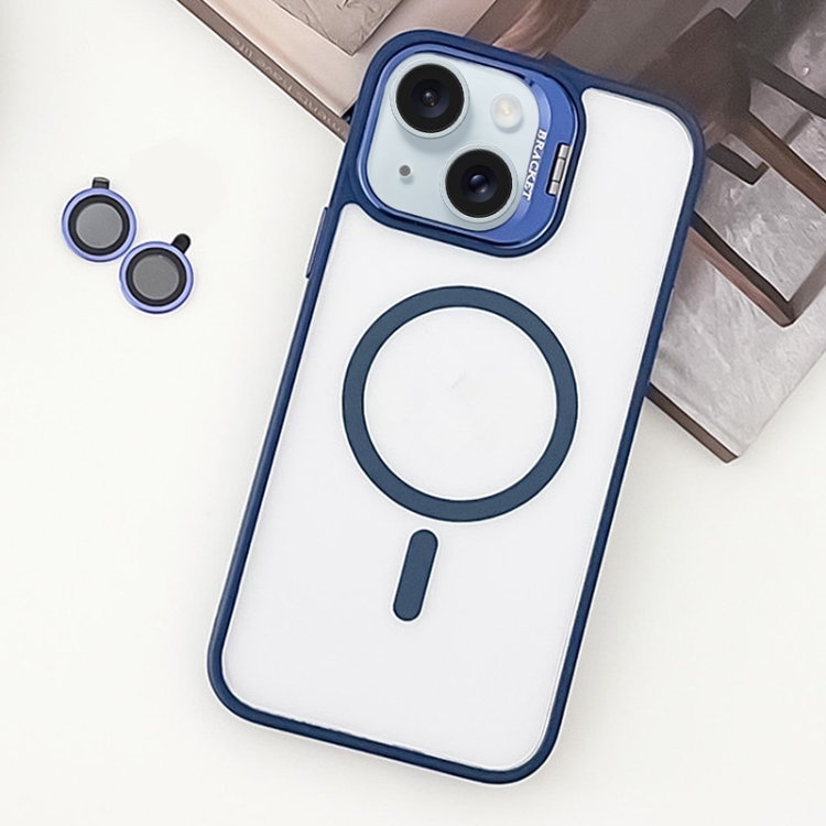 

For iPhone 15 Plus MagSafe Acrylic Hybrid TPU Holder Phone Case with Lens film(Deep Blue)