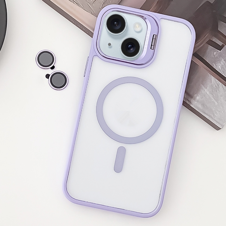 

For iPhone 15 Plus MagSafe Acrylic Hybrid TPU Holder Phone Case with Lens film(Light Purple)