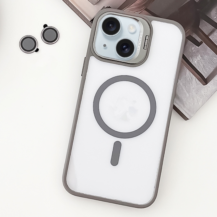 

For iPhone 15 MagSafe Acrylic Hybrid TPU Holder Phone Case with Lens film(Grey)