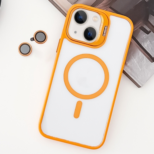 

For iPhone 14 Plus MagSafe Acrylic Hybrid TPU Holder Phone Case with Lens film(Orange)