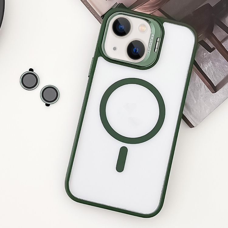 

For iPhone 14 Plus MagSafe Acrylic Hybrid TPU Holder Phone Case with Lens film(Green)