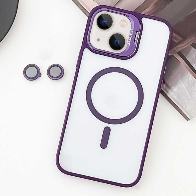 

For iPhone 14 MagSafe Acrylic Hybrid TPU Holder Phone Case with Lens film(Purple)