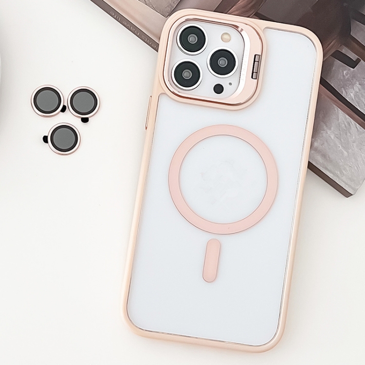 

For iPhone 14 Pro MagSafe Acrylic Hybrid TPU Holder Phone Case with Lens film(Pink)