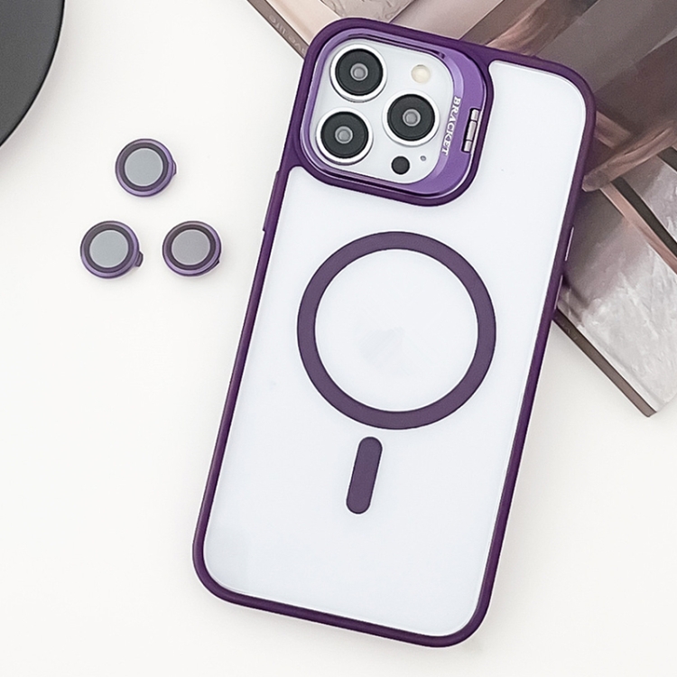 

For iPhone 14 Pro Max MagSafe Acrylic Hybrid TPU Holder Phone Case with Lens film(Purple)
