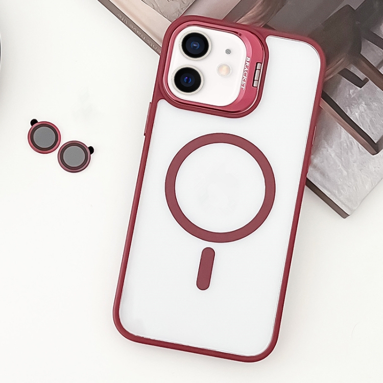 

For iPhone 12 MagSafe Acrylic Hybrid TPU Holder Phone Case with Lens film(Red)