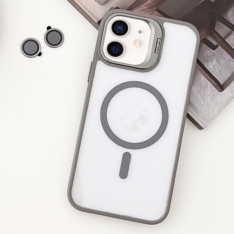 

For iPhone 12 MagSafe Acrylic Hybrid TPU Holder Phone Case with Lens film(Grey)