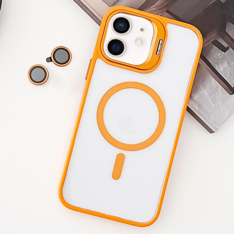 

For iPhone 12 MagSafe Acrylic Hybrid TPU Holder Phone Case with Lens film(Orange)