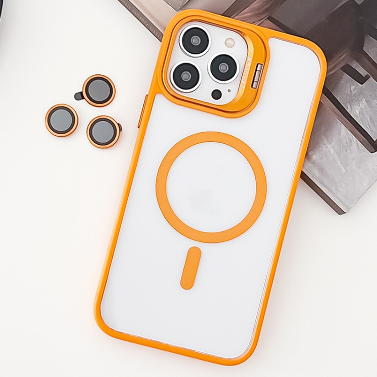 

For iPhone 12 Pro Max MagSafe Acrylic Hybrid TPU Holder Phone Case with Lens film(Orange)