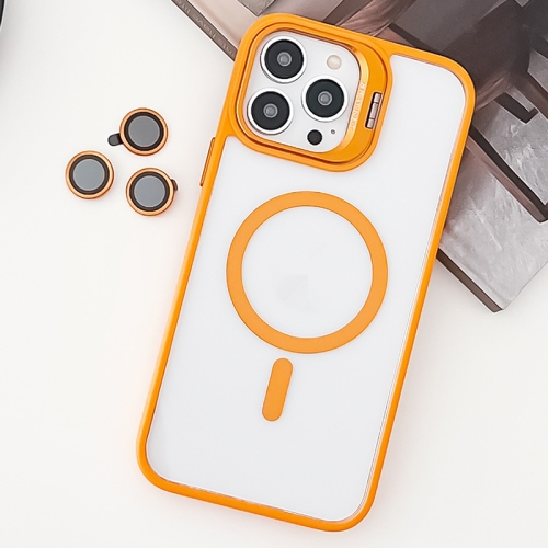 

For iPhone 12 Pro MagSafe Acrylic Hybrid TPU Holder Phone Case with Lens film(Orange)