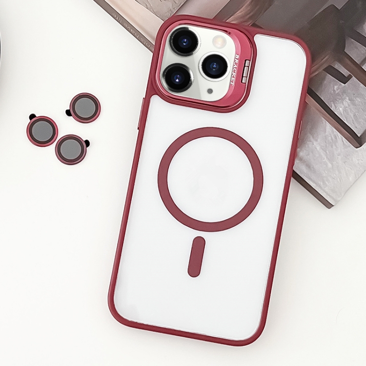 

For iPhone 11 Pro Max MagSafe Acrylic Hybrid TPU Holder Phone Case with Lens film(Red)