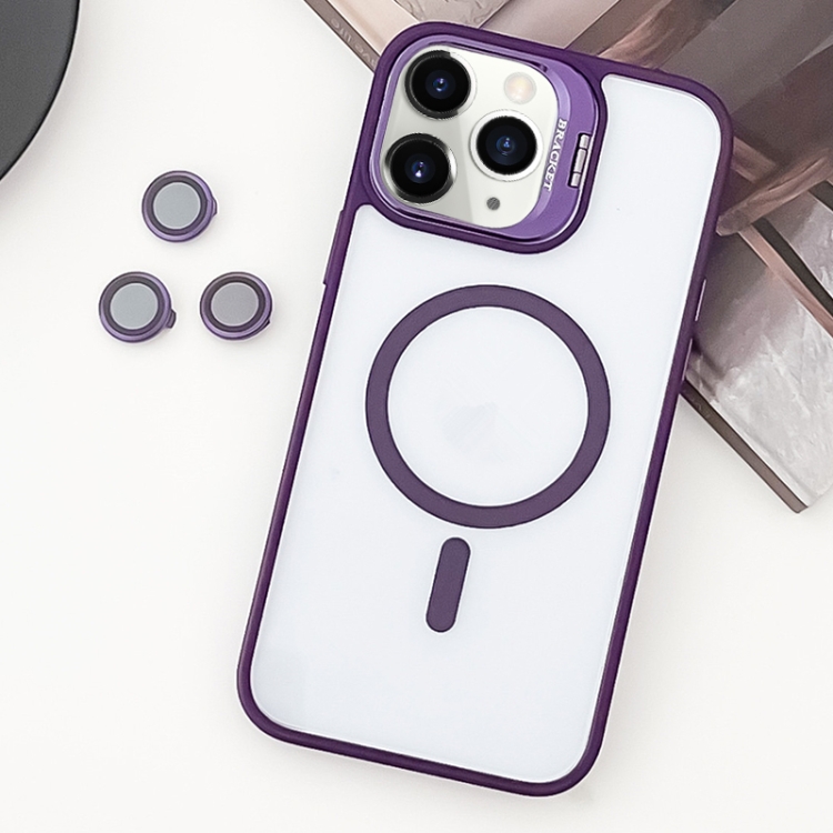 

For iPhone 11 Pro Max MagSafe Acrylic Hybrid TPU Holder Phone Case with Lens film(Purple)