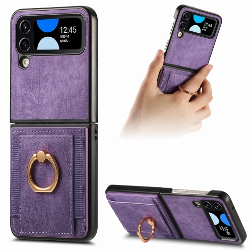 

For Samsung Galaxy Z Flip 4 Retro Skin-feel Ring Card Bag Phone Case(Purple)