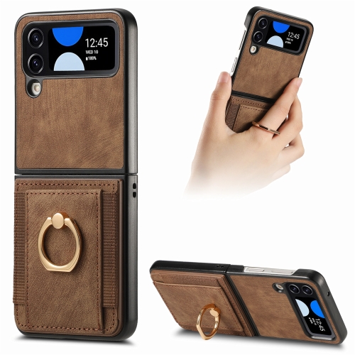 

For Samsung Galaxy Z Flip 4 Retro Skin-feel Ring Card Bag Phone Case(Brown)