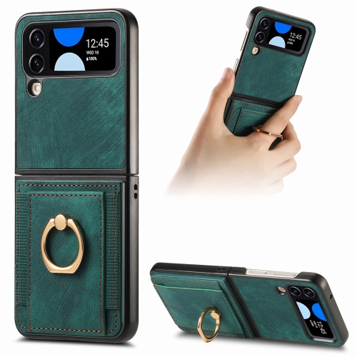 

For Samsung Galaxy Z Flip 4 Retro Skin-feel Ring Card Bag Phone Case(Green)