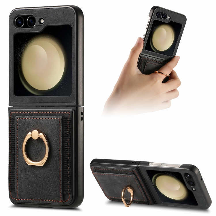 

For Samsung Galaxy Z Flip6 Retro Skin-feel Ring Card Bag Phone Case(Black)