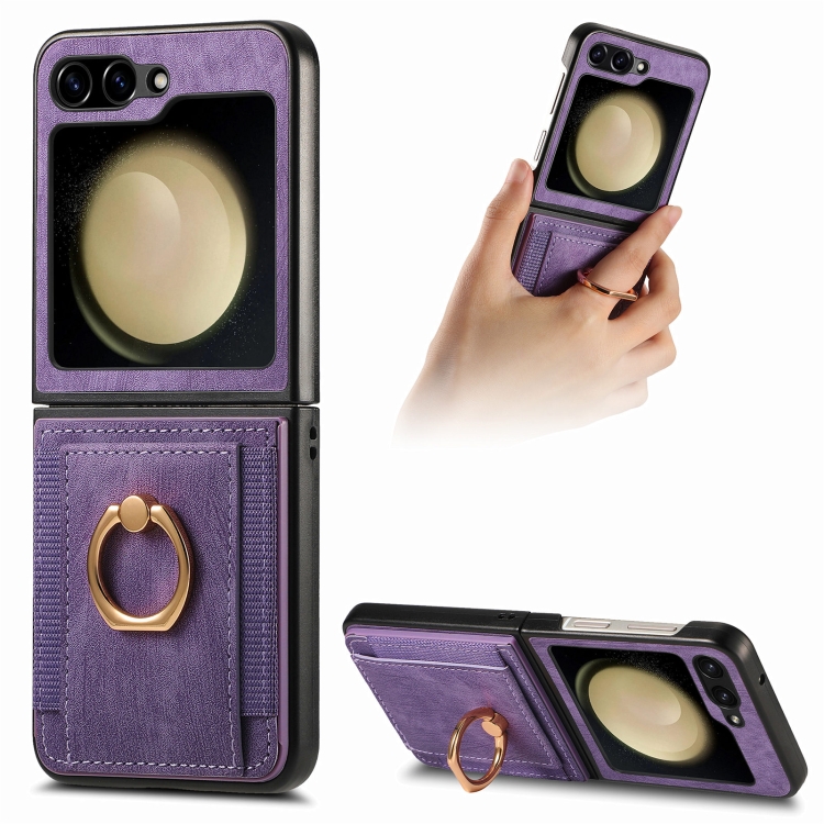 

For Samsung Galaxy Z Flip6 Retro Skin-feel Ring Card Bag Phone Case(Purple)