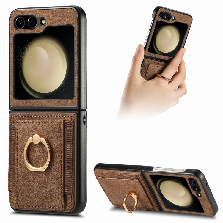 

For Samsung Galaxy Z Flip6 / Flip7 FE Retro Skin-feel Ring Card Bag Phone Case(Brown)