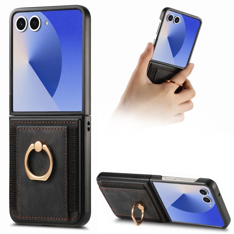 

For Samsung Galaxy Z Flip7 5G Retro Skin-feel Ring Card Bag Phone Case(Black)