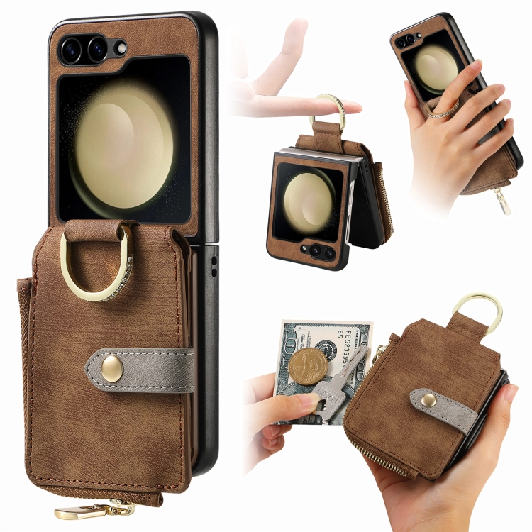 

For Samsung Galaxy Z Flip6 Retro Ring Vertical Zipper Wallet Phone Case(Brown)