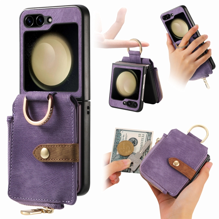 

For Samsung Galaxy Z Flip6 / Flip7 FE Retro Ring Vertical Zipper Wallet Phone Case(Purple)