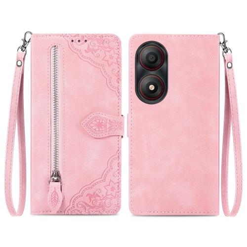 

For ZTE Blade A34 Embossed Flower Zipper Leather Phone Case(Pink)
