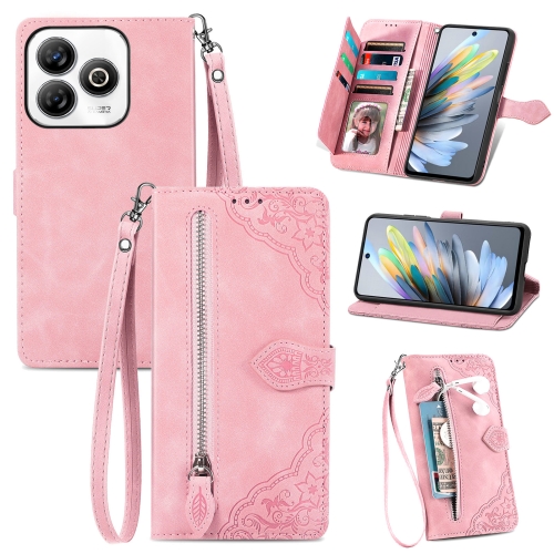 

For ZTE Blade A75 4G Embossed Flower Zipper Leather Phone Case(Pink)