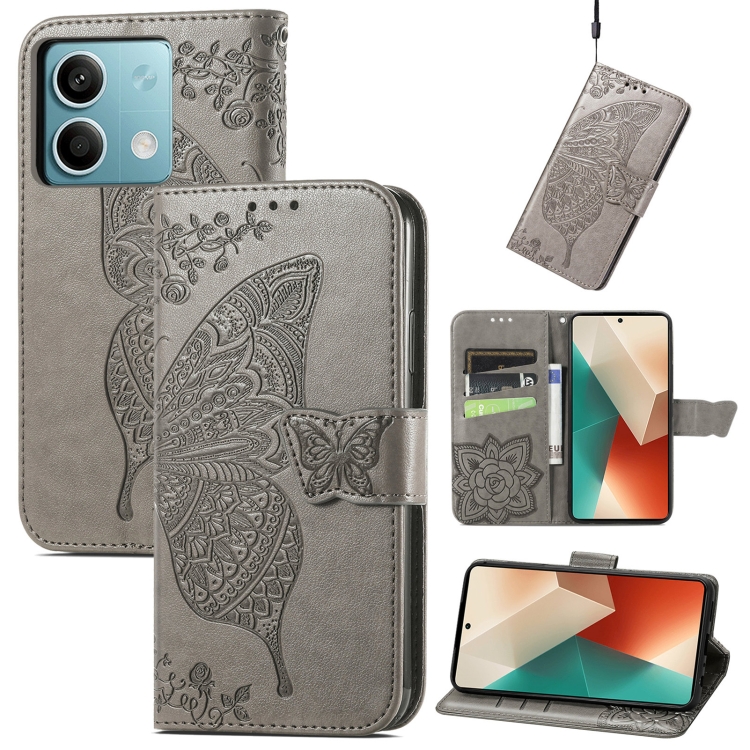 

For Xiaomi Redmi Note 13 5G Butterfly Love Flower Embossed Leather Phone Case(Gray)