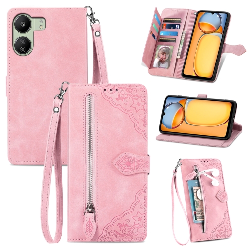 

For Xiaomi Redmi 13C Embossed Flower Zipper Leather Phone Case(Pink)