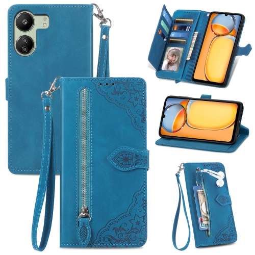 

For Xiaomi Redmi 13C Embossed Flower Zipper Leather Phone Case(Blue)