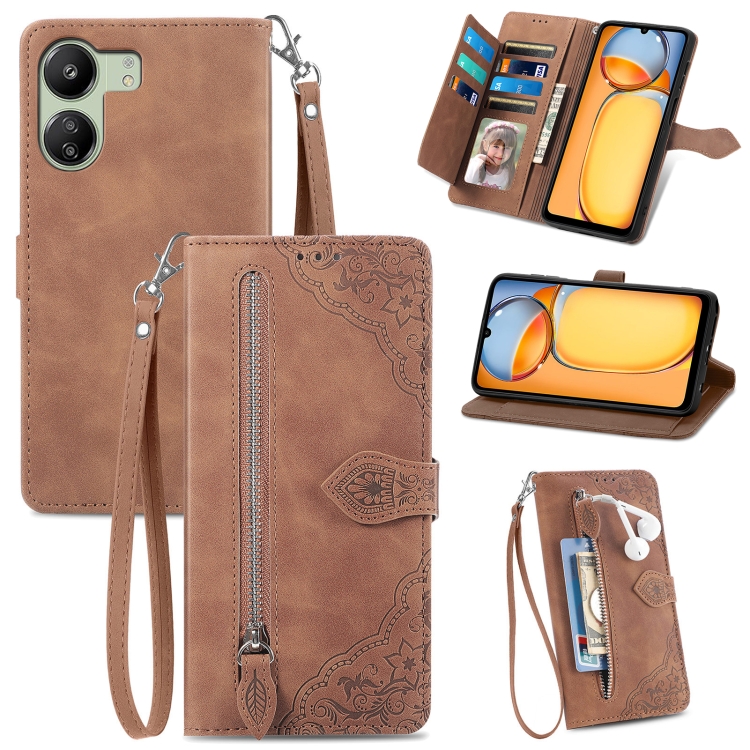 

For Xiaomi Redmi 13C Embossed Flower Zipper Leather Phone Case(Brown)