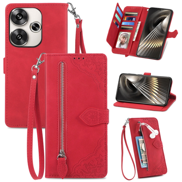 

For Xiaomi Redmi 13 4G Embossed Flower Zipper Leather Phone Case(Red)