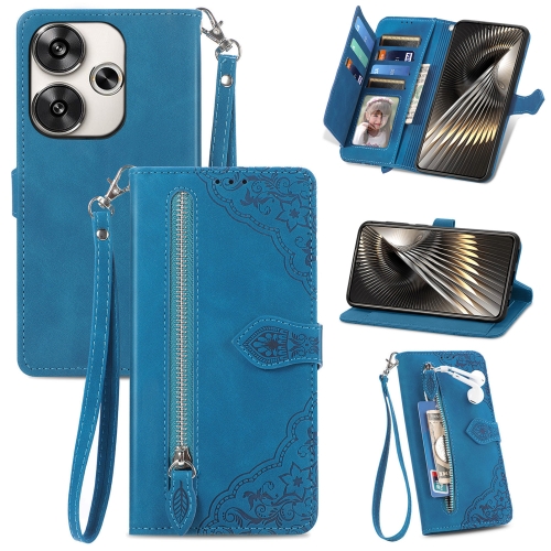 

For Xiaomi Redmi 13 4G Embossed Flower Zipper Leather Phone Case(Blue)