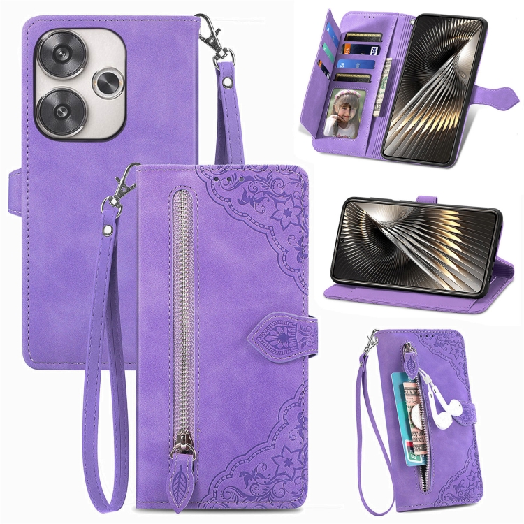 

For Xiaomi Redmi 13 4G Embossed Flower Zipper Leather Phone Case(Purple)