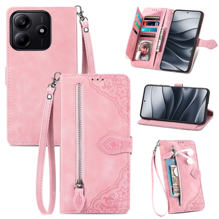 

For Xiaomi Redmi Note 14 5G Embossed Flower Zipper Leather Phone Case(Pink)