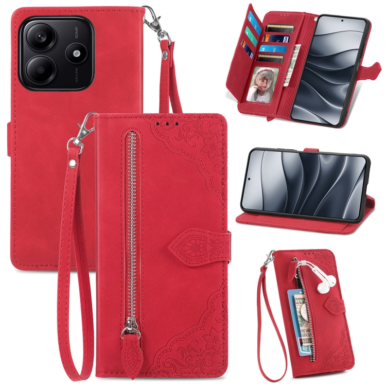 

For Xiaomi Redmi Note 14 5G Embossed Flower Zipper Leather Phone Case(Red)