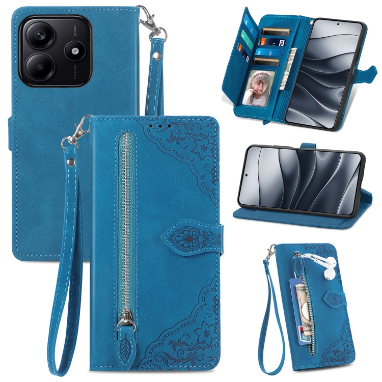 

For Xiaomi Redmi Note 14 5G Embossed Flower Zipper Leather Phone Case(Blue)