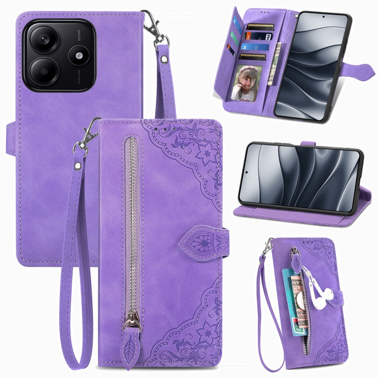 

For Xiaomi Redmi Note 14 5G Embossed Flower Zipper Leather Phone Case(Purple)