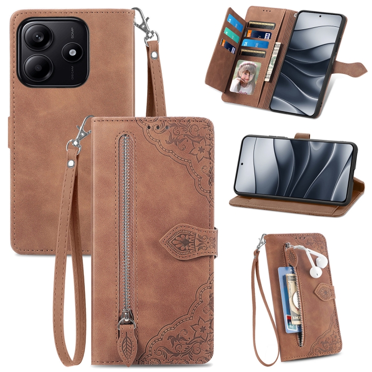 

For Xiaomi Redmi Note 14 5G Embossed Flower Zipper Leather Phone Case(Brown)