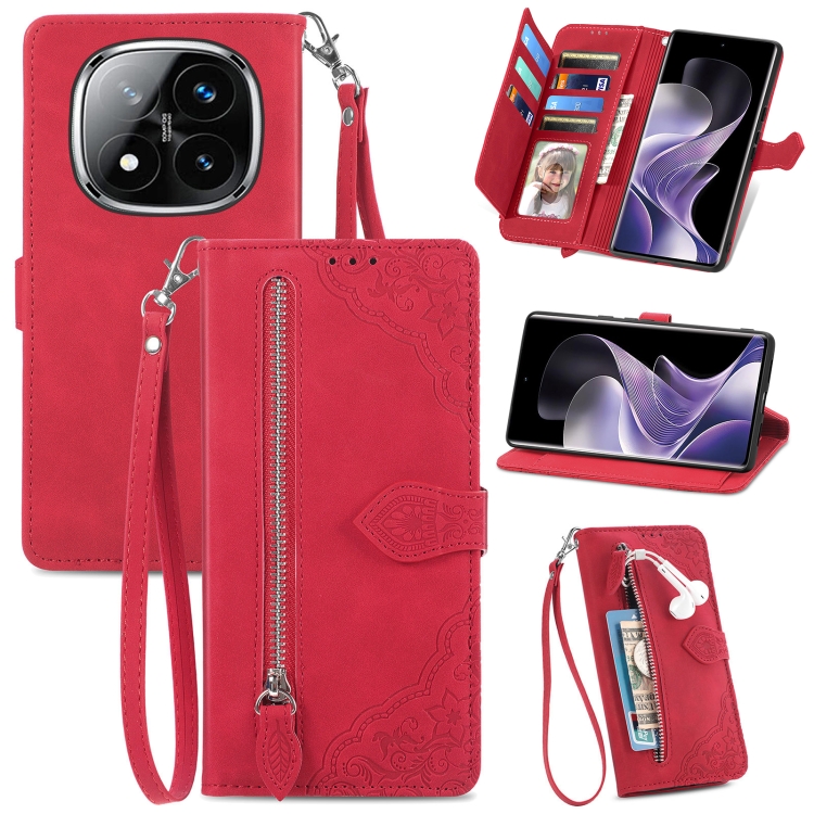 

For Xiaomi Redmi Note 14 Pro 5G Embossed Flower Zipper Leather Phone Case(Red)