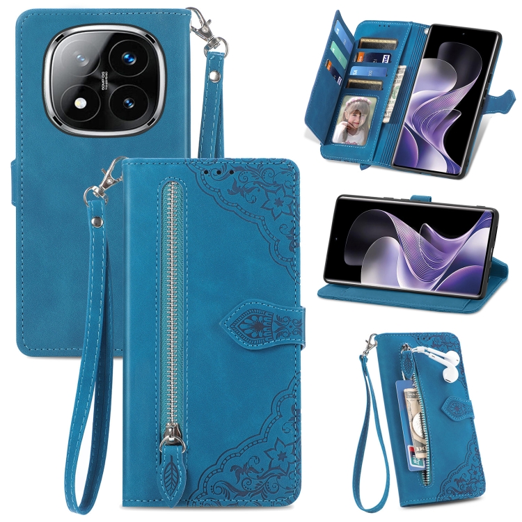 

For Xiaomi Redmi Note 14 Pro 5G Embossed Flower Zipper Leather Phone Case(Blue)