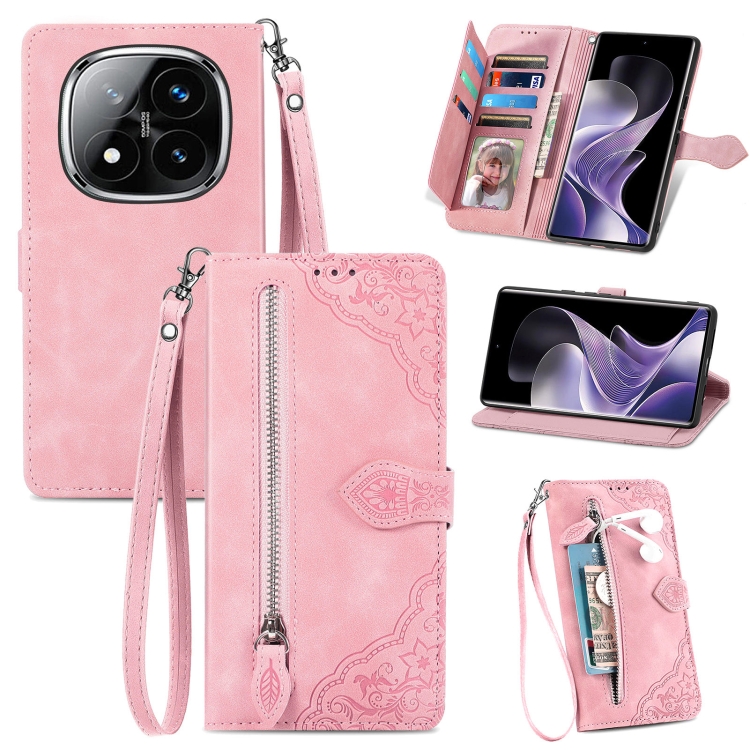 

For Xiaomi Redmi Note 14 Pro+ 5G Embossed Flower Zipper Leather Phone Case(Pink)