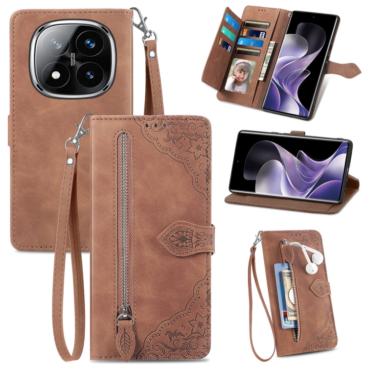 

For Xiaomi Redmi Note 14 Pro+ 5G Embossed Flower Zipper Leather Phone Case(Brown)